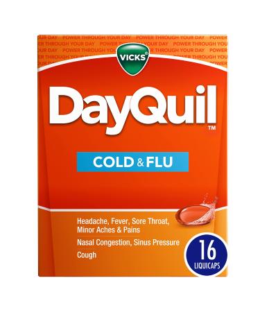 Vicks DayQuil Cold & Flu Medicine Non-Drowsy Powerful Multi-Symptom Daytime Relief for Headache Fever Sore Throat Minor Aches and Pains Nasal Congestion Sinus Pressure and Cough 16 Liquicaps