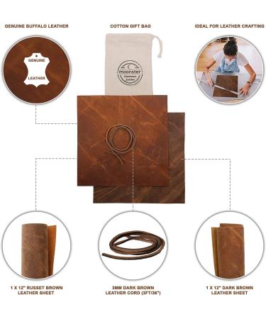 Genuine Full Grain Buffalo Leather Sheets for Earrings, Wallets & Crafts - Dark Brown & Russet Brown - 12x12 (2 Sheets + Cord) by MOONSTER - Buy Online on GoSupps.com