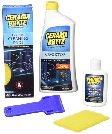 Cerama Bryte Best Value Kit: Ceramic Cooktop Cleaner 28oz, Scraper, 10 Pads, Burnt-on Grease Remover 2oz, 4 Piece Set