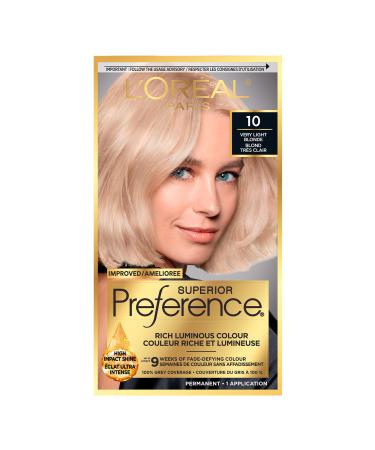 L Or al Paris Superior Preference 9 weeks of Luminous Fade-Defying Permanent Hair Dye 10 Very Light Blonde 100% Grey Coverage 1 Hair Dye Kit (Packaging May Vary) Very Light Blonde 1 Count ( Pack Of 1 )