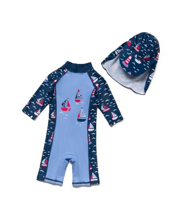 Bonverano Baby Boys Sunsuit/Swimsuit UPF 50+ Sun Protection One Pieces with Zipper with Sun Hat (3 Sailing 24-36Months) 3 Sailing 2-3 Years