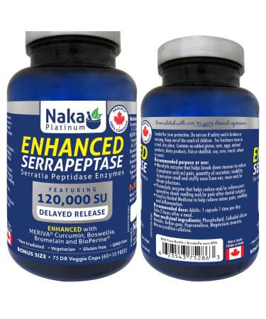 Naka Platinum Enhanced Serrapeptase Enzymes 120.000 SU Delayed Release Enhanced with MERIVA Curcumin Boswellia Bromelain and BioPerine Made in Canada (75 DR vcaps) 75 count (Pack of 1)