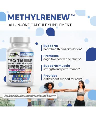 Clean Nutra TMG Supplements 1000mg | Methylated Multivitamin for Women Men | Taurine B6 Vitamins B12 D3 K2 Trimethylglycine Magnesium Methylfolate Milk Thistle NAC COQ10 B Supplement Complex Capsules - Buy Online on GoSupps.com