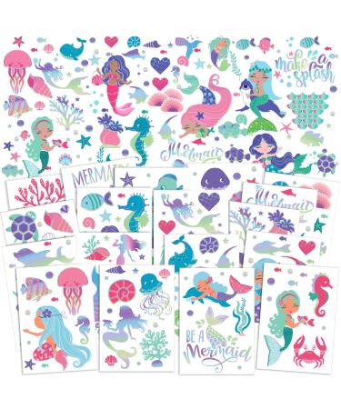 232 Pieces Kids Summer Party Temporary Tattoos Luau Themed Tattoos Mermaid temporary Tattoos Waterproof Tattoo Stickers Summer Fruit Tattoos Beach Mermaid Party Supplies (Mermaid Style)