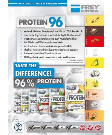 FREY Nutrition PROTEIN 96 vanilla 500 g ideal for lowcarb diet phases and as a snack high casin content low carbohydrate Made in Germany - Buy Online on GoSupps.com