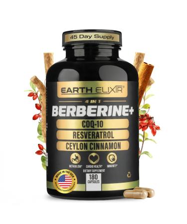 Earth Elixir 4-in-1 Berberine Supplement Organic Berberine with Ceylon Cinnamon CoQ10 Ubiquinol and Resveratrol Powder Metabolic & Cellular Energy Support 180 Vegan Capsules