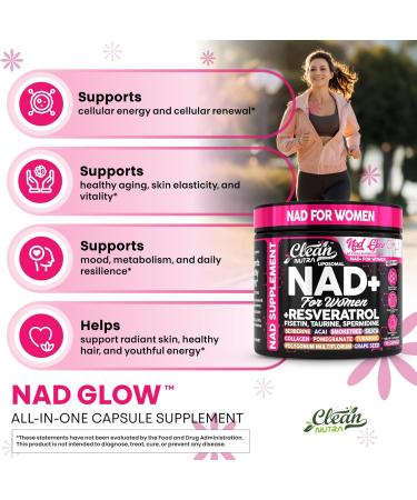 NAD+ Resveratrol Supplement for Women NAD Turmeric Vitamin C Acai Pomegranate Collagen Peptides Nicotinamide Riboside Fisetin Vitamin E Polygonum Multiflorum Berberine 90 Capsules by Clean Nutra - Buy Online on GoSupps.com
