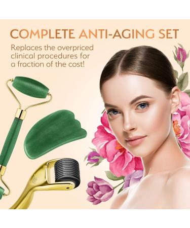 3-in-1 Derma Roller Jade Roller & Gua Sha Set - Safe Microneedling at Home with Titanium & REAL Jade Tools - Buy Online on GoSupps.com