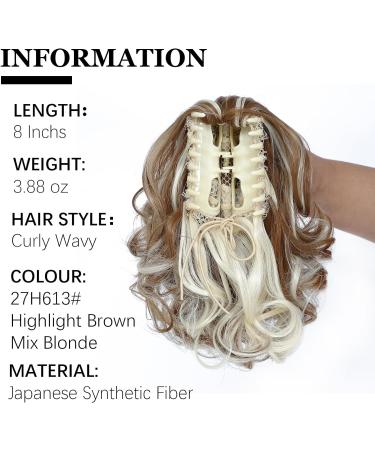 Yamel Highlight Brown Mix Blonde 8 Short Curly Wavy Ponytail Extension - Claw Jaw Clip Synthetic Hairpiece - Buy Online on GoSupps.com