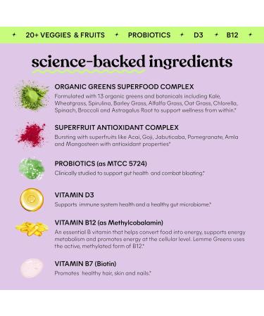 Lemme Greens Superfood Gummies w/Multi - Support Gut Health & Reduce Bloating 20+ Organic Greens and Superfruits Clinically Studied Probiotics D3 B12 - Berries & Greens Flavored (60 Count) - Buy Online on GoSupps.com