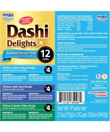 INABA Natural Premium Hand-Cut Grilled Chicken Fillet Cat Treats/Topper & Dashi Delights for Cats Shredded Chicken with Bonito Flake Broth 2.5 Ounce Cup 12 Cups Total Seafood Variety - Buy Online on GoSupps.com