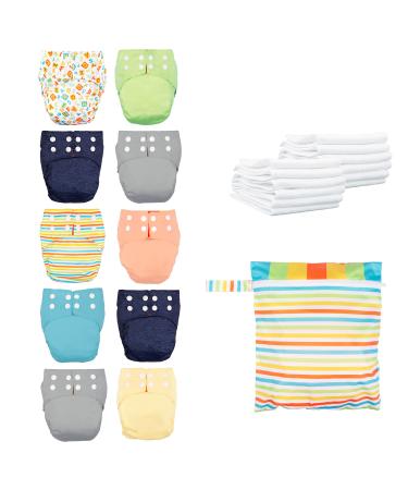 Handcraft Reusable All-in-One Cloth Diaper with Colorwise Sizing and Snap in Bamboo Inserts - MEGA Starter Bundle (10 Diapers, 22 Liners, 1 Wetbag Size 3-24M) 10pk Bundle 32 Piece Set
