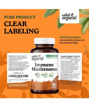 Wild & Organic Immune Mushroom Complex Capsules - 8 Mushroom Blend Supplements for Immunity Support with Turkey Tail Chaga & Reishi Powder - 45 Days Supply - Vegan No Fillers Non-GMO - 90 Count 90 Count (Pack of 1) - Buy Online on GoSupps.com
