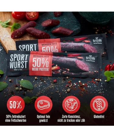 Buy Grillido Sportwurst Rind & Chili 25 Pack | Low-Sugar Beef Jerky Alternative | 39% Protein & 2.96g Fat per Sausage - Healthy Snacking Worldwide - Buy Online on GoSupps.com