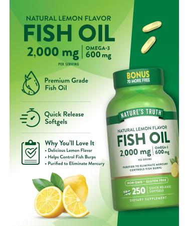 Nature's Truth Fish Oil 2000 mg | 600 mg Omega 3 | 250 Softgels | Natural Lemon Flavor | Non-GMO and Gluten Free Supplement - Buy Online on GoSupps.com