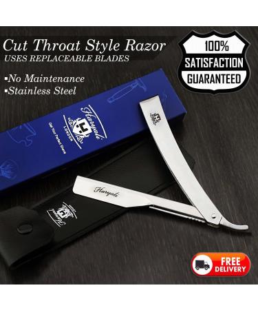 FOLDING BARBER SHAVETTE RAZOR/STRAIGHT CUT THROAT RAZOR IN STEEL (NO BLADES) FOR MEN'S COMES WITH A LEATHER POUCH + BOX