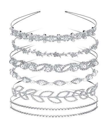 Tatuo 6 Pieces Bride Bridesmaids Crystal Flower and Leaves Crown Headband and Women's Girl's Faux Pearl Rhinestones Headdress for Wedding Party (Style 1) Silver - Buy Online on GoSupps.com