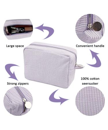 Seersucker Cosmetic Bag - Large Makeup Pouch Travel Toiletry Case | Purple Organizer for Women & Girls - Buy Online on GoSupps.com