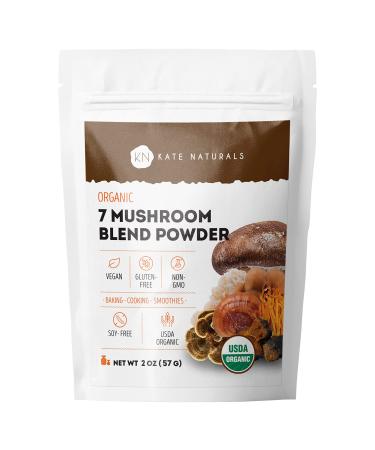 Kate Naturals Organic 7 Mushroom Blend Powder (2oz) - 100% Organic Rich in Vitamins and Minerals Antioxidants Mushroom Superfood Natural Immune Support and Energy Booster. Resealable Bag.