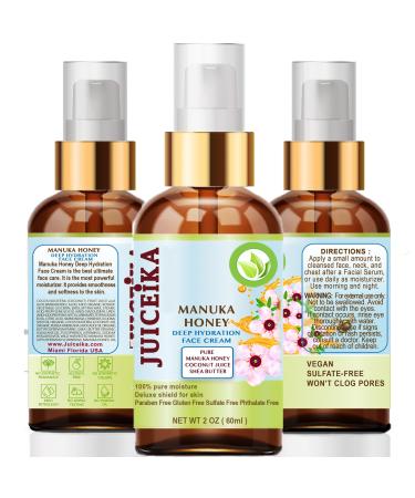 Juiceika MANUKA HONEY Deep Hydration Face Cream Face Moisturizer. Manuka Oil Aloe Vera Shea Butter Coconut Oil Jojoba Oil Squalane Hyaluronic Acid Avocado Oil 2 Fl. oz. - 60 ml.
