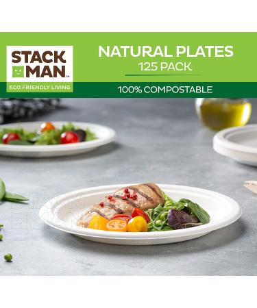 125-Pack 9-Inch Compostable Heavy-Duty Plates | Eco-Friendly Bagasse Plate | Biodegradable Paper Plates by Stack Man - Buy Online on GoSupps.com