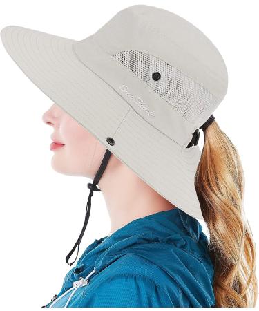 Women's UV Protection Wide Brim Sun Hat - Foldable Beach Bucket Hat with Ponytail Hole, Beige - Buy Online on GoSupps.com