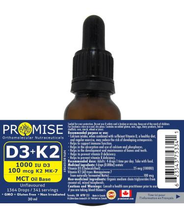 Promise Vitamin D3 + K2 in MCT oil 1364 drops Unflavoured Made in Canada (30ml - 341 servings) - Buy Online on GoSupps.com