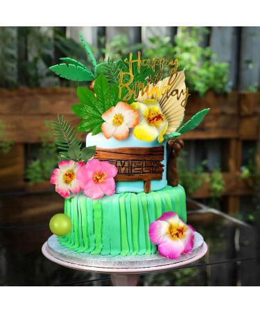 25 PCS Flower Cake Topper Hawaiian Cake Decorations with Palm Leaves Hibiscus Flowers Balls for Hawaii Aloha Jungle Summer Theme Wedding Birthday Baby Shower (Multicolour) - Buy Online on GoSupps.com