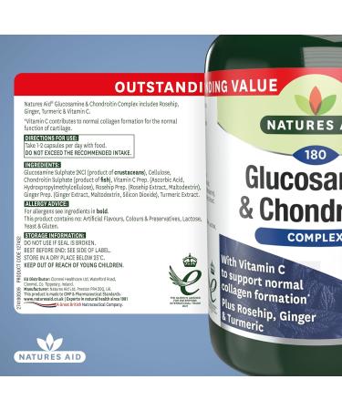 Natures Aid Glucosamine and Chondroitin Complex with Vitamin C Rosehip Ginger and Turmeric 180 Capsules package may vary Glucosamine and Chondroitin 180 Capsules - Buy Online on GoSupps.com