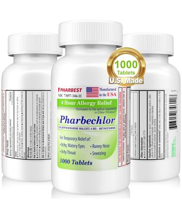 Ulai 4 Hour Allergy Relief 1000 Ct Made in USA | Itchy Watery Eyes Runny Nose Sneezing Sinus Relief | Chlorpheniramine Maleate 4 mg | Antihistamine Allergy Medicine Pharbechlor (1 Bottle) 1000 Count (Pack of 1)