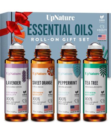 UpNature Top 4 Essential Oil Roll On Gift Set - Peppermint Lavender Tea Tree Sweet Orange -Gift for Mom Women & Men Relaxing Gifts for Mom Women & Men Essential Oil Set Stocking Stuffer