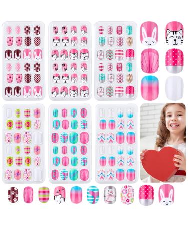144Pcs Kids Press on Nails  Thrilez Girls False Nails Children Artificial Fake Nail Tips Pre Glue Stick on Short Nails Decoration Gift for Kids Teens Girls Age 7 12 (Colorful Days)