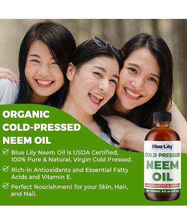 Blue Lily Organic Neem Oil 8 fl oz - USDA Certified 100% Natural Cold Pressed Unrefined Pure Oil for Skin, Hair, Nails, Plants, and Organic Gardening - Buy Online on GoSupps.com