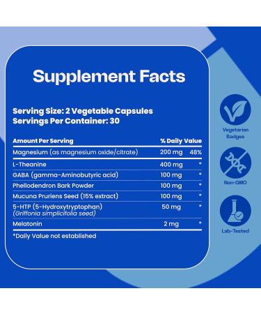 Magnesium Citrate Capsules 200mg for Stress and Sleep Support (1 Month Supply) - Unflavored GABA L-Theanine Supplement to Support Focus Mood and Energy Levels - Veg Calm Magnesium Citrate with 5 HTP - Buy Online on GoSupps.com