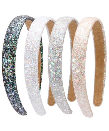 BOMTTY 4 Pcs Glitter Headbands  Sparkly Headband Plastic Hair Hoop Glitter Hairbands for Girls and Women (Black+White+Grey+Beige) White Grey