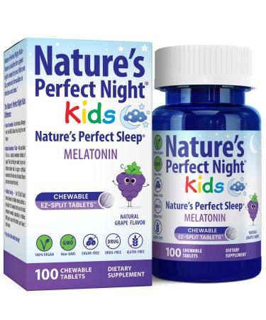 Nature's Perfect Night Kids | Kids Melatonin 1mg | 100 Chewable Tablets | Natural Grape Flavor | Sugar Free | Vegan | Gluten Free | Drug Free | Value Size