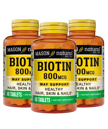 MASON NATURAL Biotin 800 mcg Hair Skin & Nail Health Support High Potency Vitamin B7 Supplement 60 Tablets (Pack of 3)