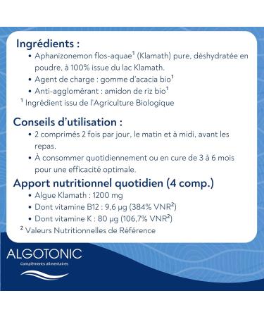 Algotonic - Klamath Bio - 360 capsules - Food Supplement for Mood Immunity and Mental and Physical Energy - Contains Vitamin B12 & Vitamin K - Phycocyanin Protection Iphon - Buy Online on GoSupps.com