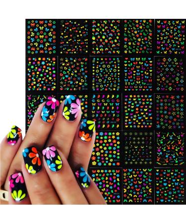 24Sheets Glow in Dark Flower Nail Art Sticker Decals 3D Fluorescence Colorful Floral Butterfly Design Nail Decals Bright-Coloured Daisy Nail Supplies Stars Heart Fruit Nail Decoration for Women DIY flower-7