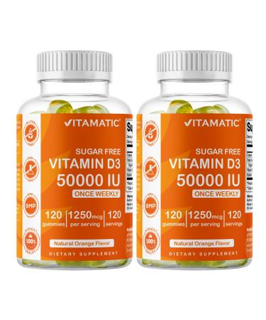 Vitamatic Sugar Free Vitamin D3 50,000 IU Weekly Supplement - 120 Pectin Based Gummies - Vitamin D Capsules for Bones, Teeth, and Immune Support (50000 IU) - 2 Pack