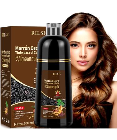 RILSIC 500ml Hair Dye Shampoo 3 in 1 Instant Hair Colour Shampoo Hair Dye Natural Colour Long Lasting Shampoo for Coloured Hair for Men and Women (Dark Brown)