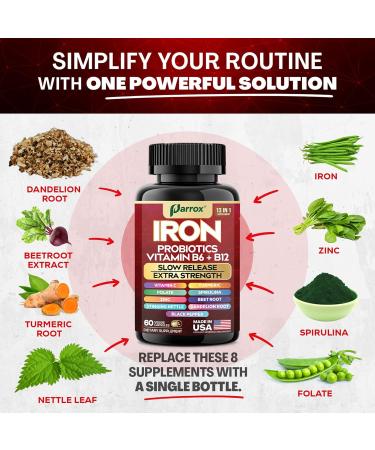 Iron Supplement with Slow Release Iron Probiotics Spirulina Turmeric Vitamin B6 B12 C Zinc Folate Beetroot Nettle Leaf Dandelion Root Black Pepper Extra Strength 60 Vegan Capsules 60 Count (Pack of 1) - Buy Online on GoSupps.com