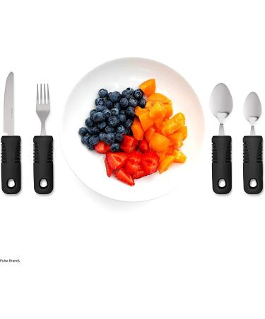 Adaptive Utensils 4-Piece Kitchen Set for Hand Tremors, Arthritis, Parkinson's and Elderly | Non-Weighted, Non-Slip Handles | Stainless Steel Knife, Fork, Spoons (Black) - Buy Online on GoSupps.com