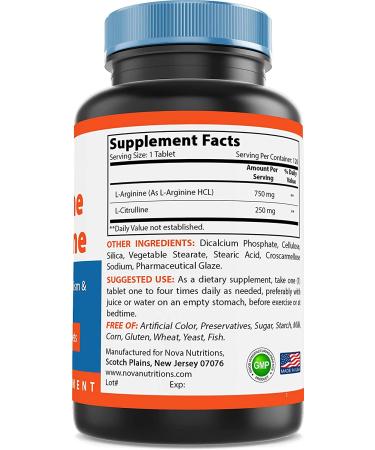 Nova Nutritions L-Arginine L-Citrulline 1000mg - Muscle Relaxation Support - 120 Tablets - Buy Online on GoSupps.com