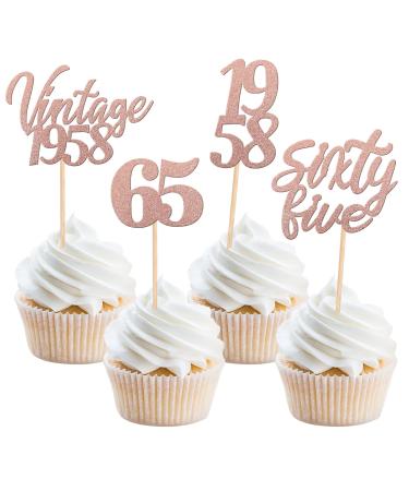 Pack of 24 Vintage 1958 Cupcake Toppers 65th Birthday Cake Decoration Fifty Cheers on 65th Fabulous Number 1958 Cake Decoration for 65th Birthday Wedding Anniversary Party Cake Decorations Rose Gold