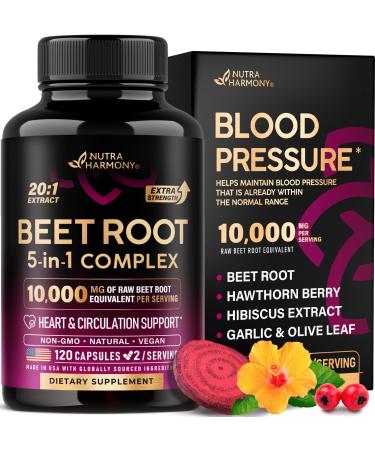 Beet Root 5-in-1 Complex Capsules - Healthy Blood Pressure Support Supplement** for Heart & Circulation Support - Olive Leaf Hawthorn Berry & Hibiscus - for Men & Women - Made in USA 120 Capsules 120 Count (Pack of 1)