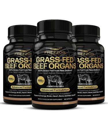 FREZZOR New Zealand 100% Live-Grass-Fed Beef Organs Complex Supports Whole Body Wellness and Energy with Proprietary Blend of Liver Heart Kidney Pancreas & Spleen Non-GMO 3000mg 540 Capsules