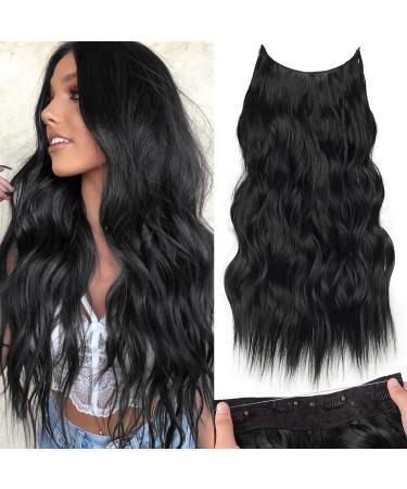 AISI HAIR Black Hair Extensions Invisible Wire Hair Extensions Women's Long Wavy Black Hair Extensions Clear Wire Hair Extensions for Women 20 Inch