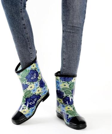 CKWLXQY Women's Waterproof Floral Printed Rain Boots - Blue, Size 10 | Mid Calf Rubber Shoes for Outdoor Gardening, Fishing & Farming - Buy Online on GoSupps.com