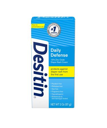 Desitin Daily Defense Baby Diaper Rash Cream with 13% Zinc Oxide Barrier Cream to Treat, Relieve & Prevent Diaper Rash, Hypoallergenic, Dye-, Phthalate- & Paraben-Free, Travel Size, 2 oz